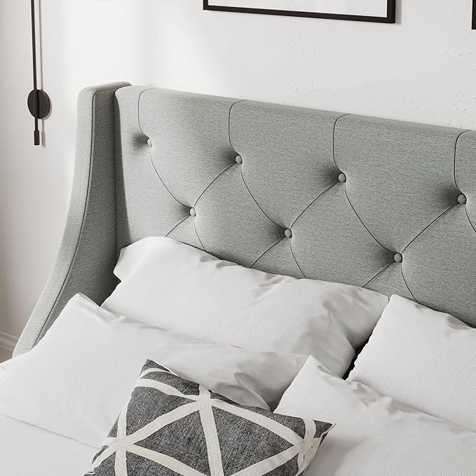 Allewie King Size Bed Frame with 4 Storage Drawers and Wingback Headboard, Button Tufted Design, No Box Spring Needed, Light Grey