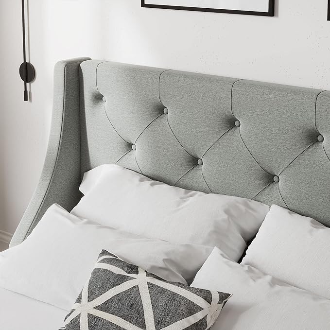 Allewie Full Size Bed Frame with 4 Storage Drawers and Wingback Headboard, Button Tufted Design, No Box Spring Needed, Light Grey