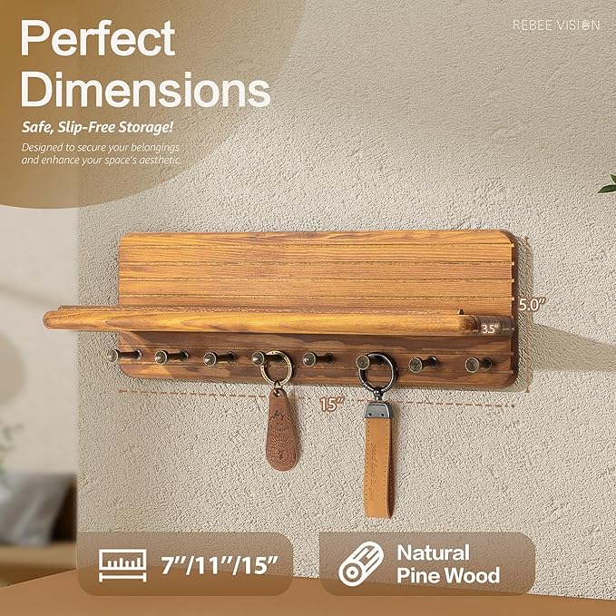 Rebee Vision Farmhouse Key Holder Wall Mount for Room Decor – Modern Key Hanger with 8 Durable Hooks & Floating Shelf Suitable for Perfume Storage– Mail Organizer for New House Essentials(Yellow)