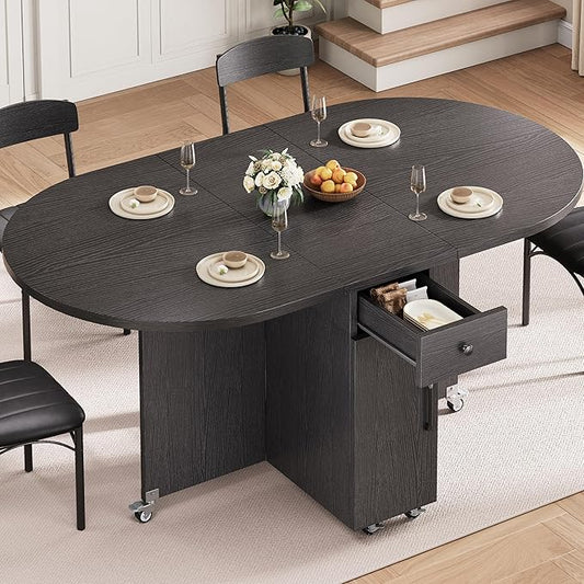 Folding Dining Table for 4 Kitchen Dining Room DinnerTable with Storage Drawer Space Saving Oval Foldable Drop Leaf Gateleg Furniture for Small Space (Black, 51 * 31.5 * 30)