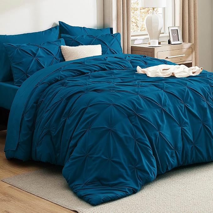 Bedsure Queen Comforter Set Teal - Bed in a Bag Queen Size Bedding 7 Pieces, GentleSoft™ Pintuck Bed Set Gift for Family, Pinch Pleat All Season Comforter with Sheets, Pillowcases & Shams