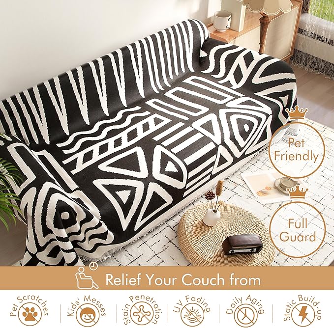 Couch Cover for 3 Cushion Couch Sofa Pet Friendly, Boho Sectional L Shaped Sofa Cover Washable for Dogs Cats Kids, Leather Furniture Protector Slipcover Decor for Living Room, 71"x134"
