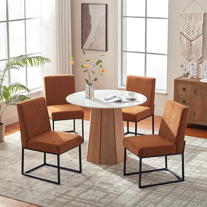 VKNOW Upholstered Dining Chairs Set of 4, Modern Dining Room Chairs, Linen Kitchen Chair Dinner Chair with Black Metal Base for Kitchen Office, Orange-Unstriped