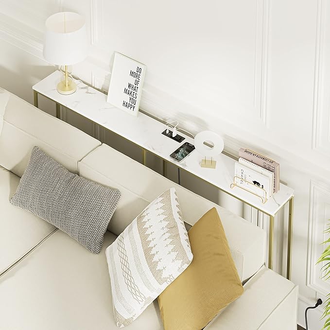 63 Inch Console Table with Power Outlet,Modern Narrow Long Sofa Table Behind Couch,Skinny Entry Table with Gold Metal Frame for Entryway,Living Room, Hallway,Marble White