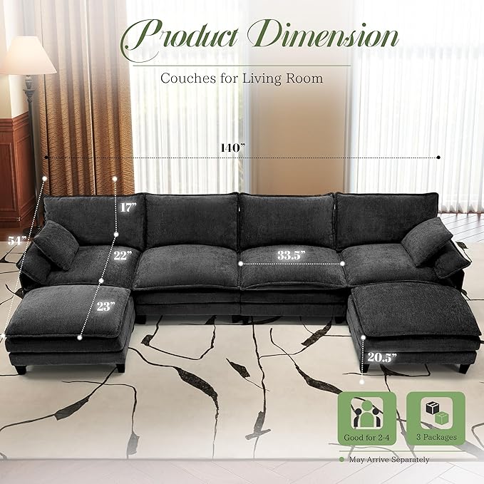 Modular Sectional Sofa, Comfy Cloud Couch with Movable Ottoman, Deep Seat Couches for Living Room, Bedroom and Apartment, 140" U Shaped Modern Sofa with Pillows, Black