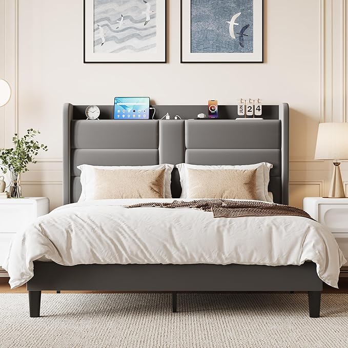 SHA CERLIN Full Size Bed Frame with Charging Station & Storage Headboard, Velvet Platform Bed with Upholstered Modern Wingback Design, Wooden Slats Support, No Box Spring Needed, Easy Assembly, Grey