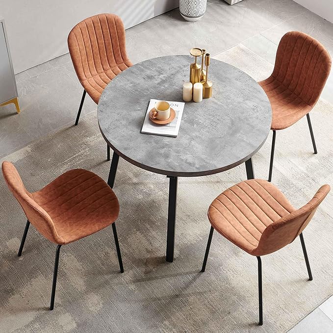 5-Piece Round Table Set for 4, 37.4" Grey Round Table with Hooks, Solid MDF Tabletop, Industrial Kitchen Table with Brown PU Dining Chairs for Living Room, Dining Room