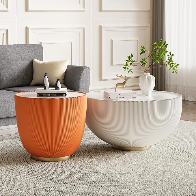 Orange Round Coffee Table with Sintered Stone Tabletop, 19.69 Drum Coffee Table with Fluted PU Leather Covered and Metal Base, Circle Cocktail Tea Table for Living Room
