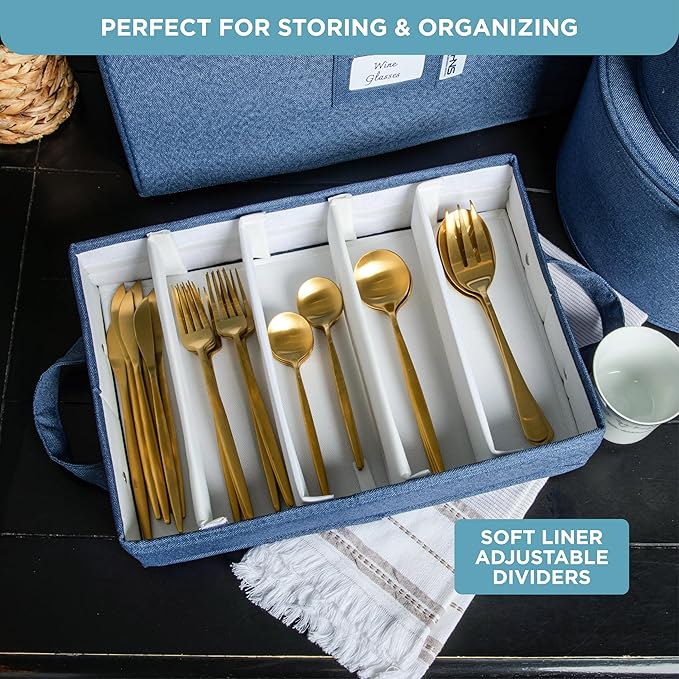 Hard Shell China Storage Containers 12-Piece Set Moving Boxes for Dinnerware, Glasses, Plates, Mugs and Saucers Sturdy Dish Organizer with Dividers for Seasonal Storage - Service for 12 - Denim Blue