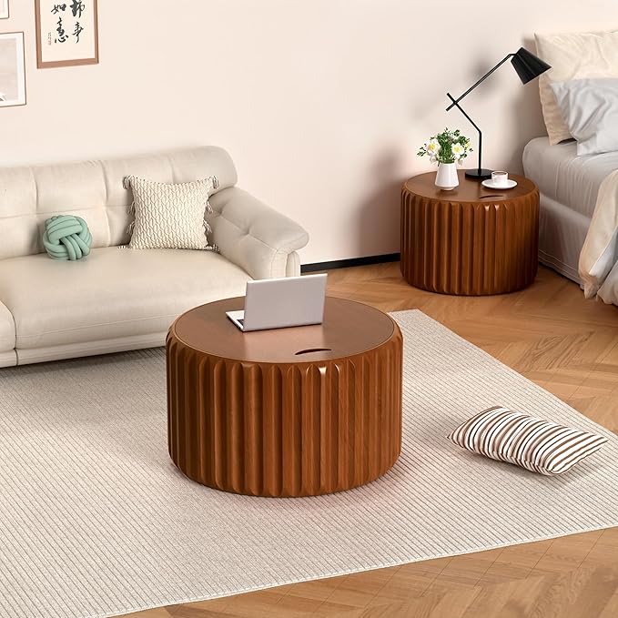 Round Nesting Coffee Table Set of 2, Round Fluted Coffee Tables with Storage for Living Room Modern Nesting End Side Tables for Small Spaces (A Storage Walnut)