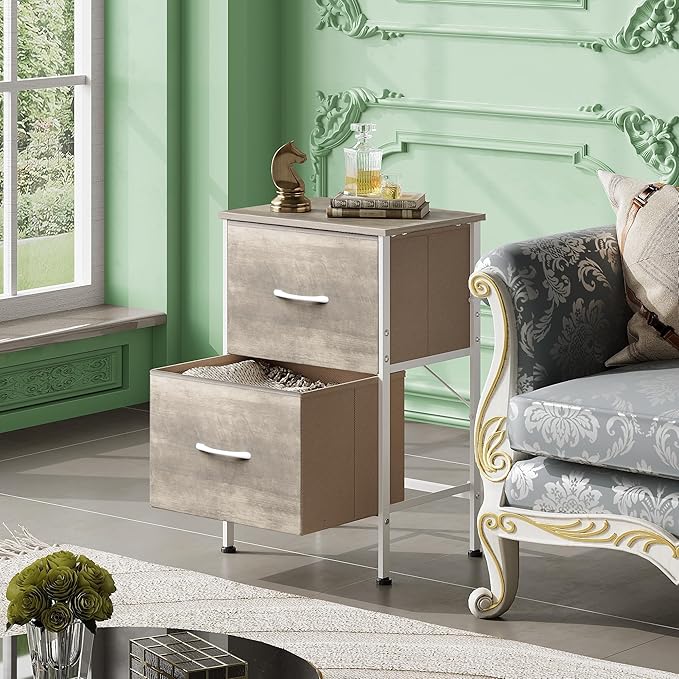 WLIVE Night Stand, Greige Nightstand with 2 Fabric Drawers, Small Dresser for Bedroom, Bedside Table End Table with Storage Drawer, College Dorm, Dormitory, Greige Oak, Size L