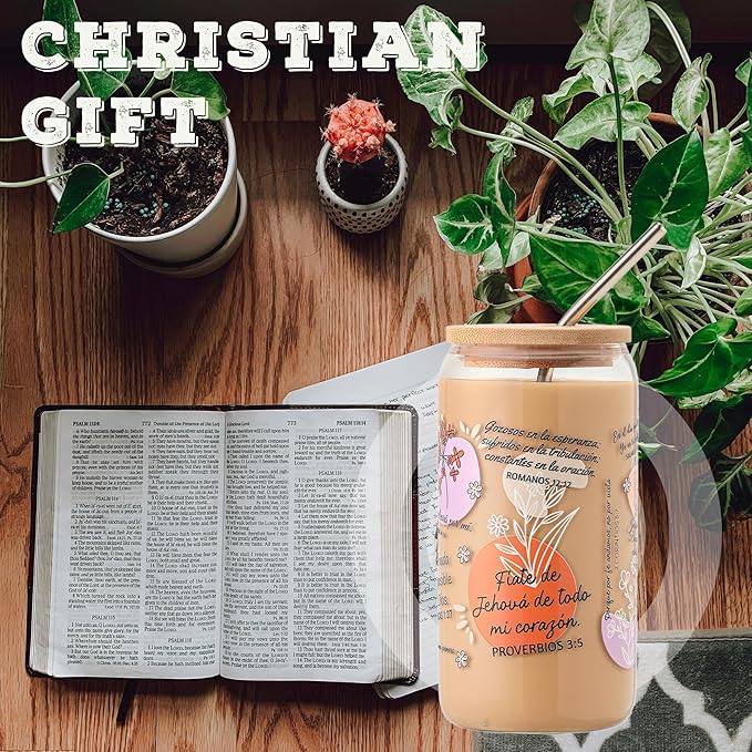 Spanish Bible Verse Coffee Mugs - Christian Gifts for Women, 16oz Religious Glass Tumbler with Lid & Straw, Inspirational Spanish Scriptures, Birthday & Christmas Gift for Mom Wife Friends