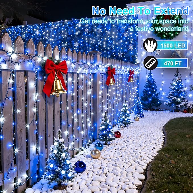 1500LED Christmas Lights Outdoor Use, 470ft 12 Modes Blue and Cool White LED String Lights with Timer Dimmable, Waterproof Christmas Tree Lights for Xmas Patio Yard Fence Balcony Garden Decor