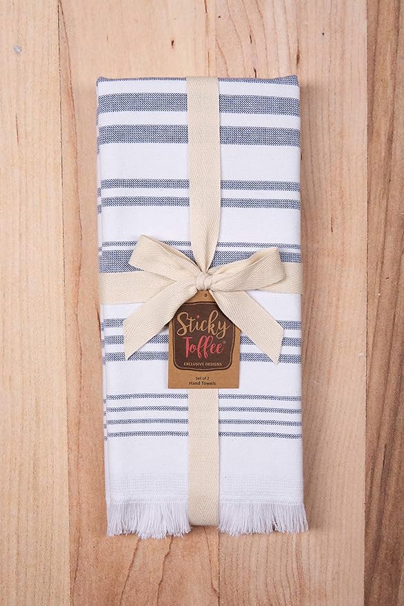 Sticky Toffee Hand Towels for Bathroom Set of 2 – 28x16 in White and Navy Blue Striped Turkish Towels, Soft and Absorbent Decorative 100% Cotton Bath Towels