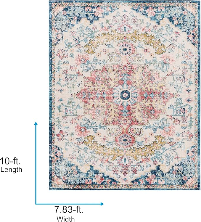 Livabliss Area Rugs - 8x10 Odelia Vintage Boho Aqua Burgandy Blue Area Rug for Living Room Bedroom - Floral Medallion Stain Resistant Carpet for Kitchen, Nursery, Office (7'10" x 10')