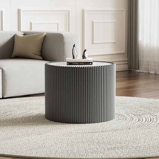 Grey Round Coffee Table with Sintered Stone Tabletop, 17.71" Drum Coffee Table with Fluted PU Leather Covered and Stable Base, Circle Cocktail Tea Table for Living Room