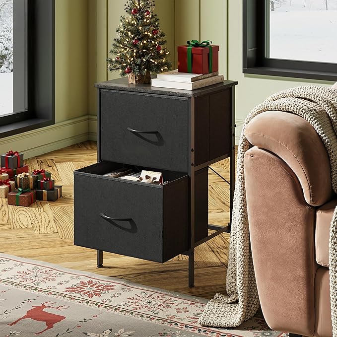 WLIVE Night Stand, Small Dresser with 2 Drawers & Wooden Top, Nightstand with Fabric Bins, Bedside Table End Table for Bedroom, Closet, Entryway, College Dorm, Black