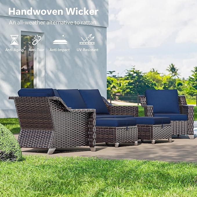 5 Pieces Wicker Patio Furniture, Luxury Outdoor Conversation Sets with 2 Patio Rattan Chair, 3-Seater Sofa, 2 Patio Ottoman, Wide Armrest, Thickened Cushions, Ideal for Deck, Porch Use
