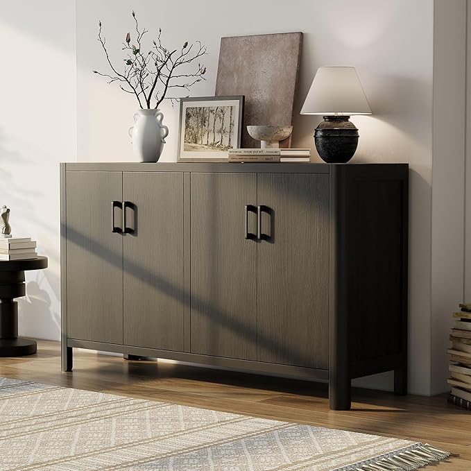 Farmhouse Wood 4-Door Cabinet Sideboard with Smooth Rounded Corners, Rustic Accent Entryway Console Table for Hallway Living Room Dining Room