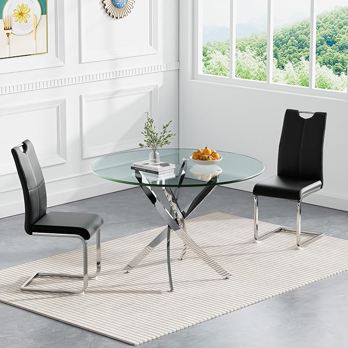 Goujxcy 3 Pieces Round Dining Table Set for 2, Modern Silver Glass Kitchen Table and Chairs for 2 with Upholstered Chairs, Circle Coffee Dining Table Set for Small Space,Apartment,Office