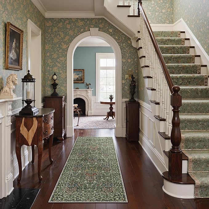 GENIMO Floral Washable Runner Rug 2’6”x6’, Non-Slip Long Hallway Carpet for Entryway, Kitchen, Indoor Floor Use, Vintage Boho Soft Thin Rug Décor, Emerald Green