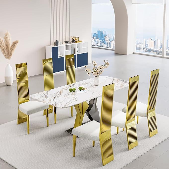 Modern Dining Chairs Set of 8, White Sponge Dining Room Chairs with Polished Gold Stainless Steel Legs, Upholstered Chairs with High Back and Metal Legs for Living Room/Kitchen/Restaurant