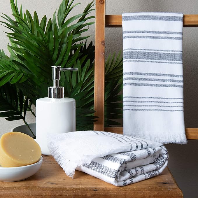 Sticky Toffee Hand Towels for Bathroom Set of 2 – 28x16 in White and Gray Striped Turkish Towels, Soft and Absorbent Decorative 100% Cotton Bath Towels