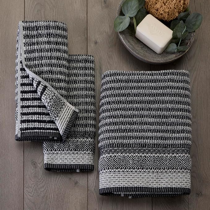 SKL Home Lewis 100% Cotton Premium 2-Piece Hand Towel Set, 600 GSM, Reversible Jacquard, Soft & Absorbent, Decorative for Bath/Kitchen/Bar & Gift, Black