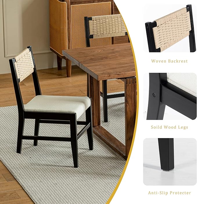 Chogori Wooden Dining Chairs, Modern Farmhouse Kitchen & Dining Room Accent Side Chairs with Woven Rope Back and Fabric Upholstered for Home, Living Room (Black, Set of 4)