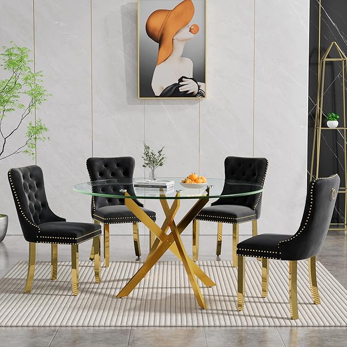 47.24" Round Glass Dining Room Table for 6 with Tempered Glass Top and Gold Metal Legs, Modern Clear Kitchen and Dinner Table for Home Office Dining Room