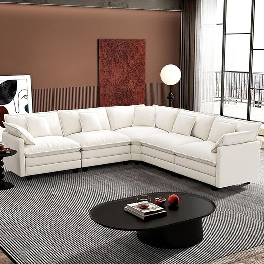 Ihanherry 114" V-Shaped Modern Sofa Modular Sectional Cloud Couch with Corner Section, 5-Seat Chenille Deep Seat Sofa with 5 Pillows for Living Room, Bedroom and Apartment, Beige