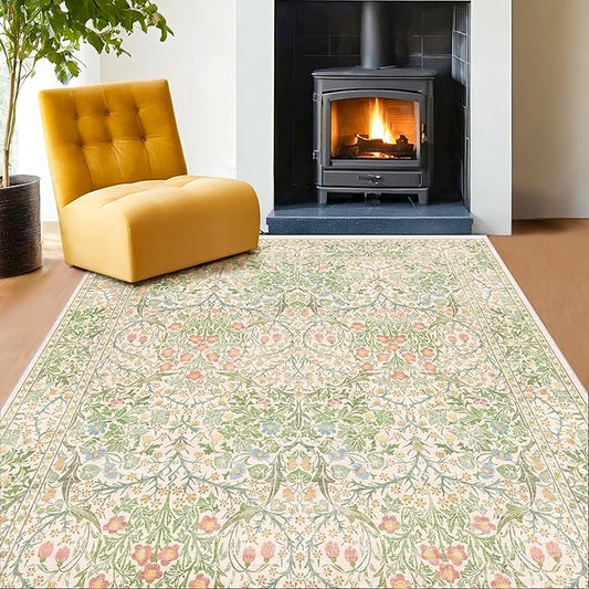 Light Beige Green Living Room Rug, 6x9 Washable Area Rug for Kids Room, Bedroom, Nursery Room, Living Room, Dining Room, Low Pile Non-Slip - Vintage Design & Stain Resistance