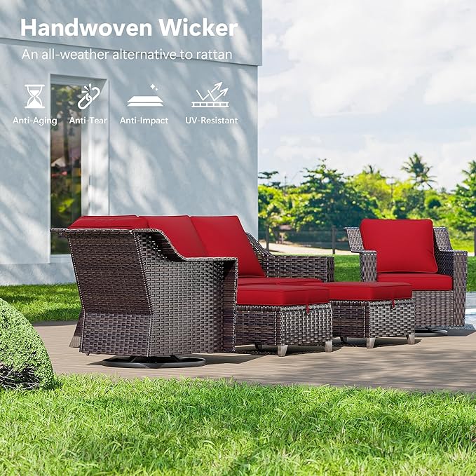 6 Pieces Wicker Patio Furniture, Luxury Outdoor Furniture with 2 Patio Swivel Chair, 3-Seater Sofa, 2 Patio Ottoman and 1 Side Table, Wide Armrest, Thickened Cushions