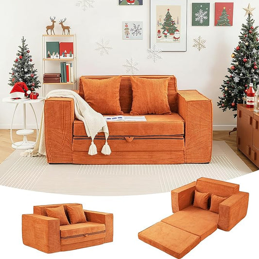 HOMREST 63" Convertible Memory Foam 3-seat Sofa, Pull Out Sleeper Sofa Bed, 2 in 1 Folding Couch Bed, Fold Out Floor Couch Corduroy Fabric with 2 Pillows for Living Room Bedroom Lounge (Brown)
