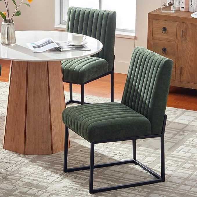 VKNOW Upholstered Dining Chairs, Modern Dining Room Chairs with Stripe, Linen Kitchen Chair Dinner Chair with Black Metal Base for Kitchen Office, Green
