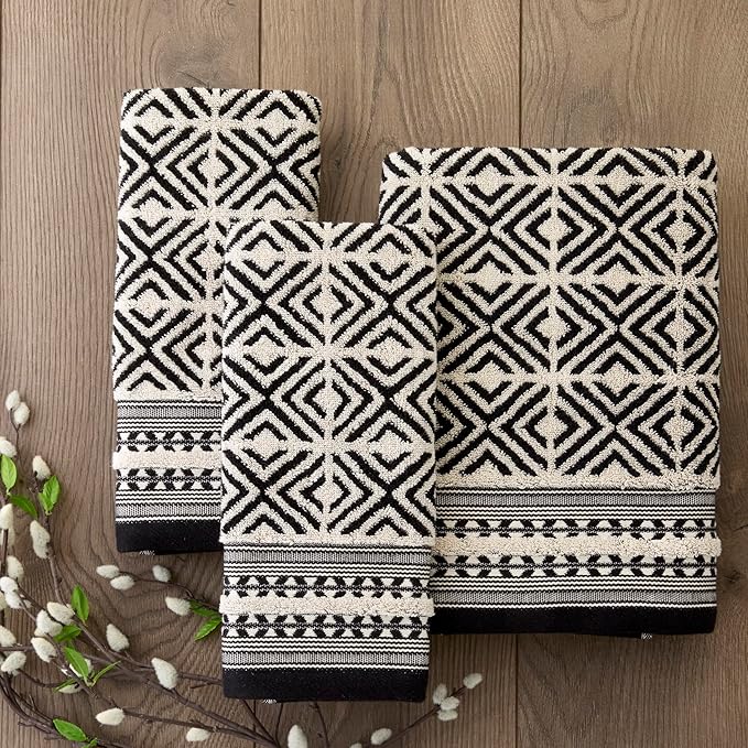 SKL Home Diamond Grid 100% Cotton Premium 2-Piece Hand Towel Set, 600 GSM, Reversible Jacquard, Soft & Absorbent, Decorative for Bath/Kitchen/Bar & Gift, Black
