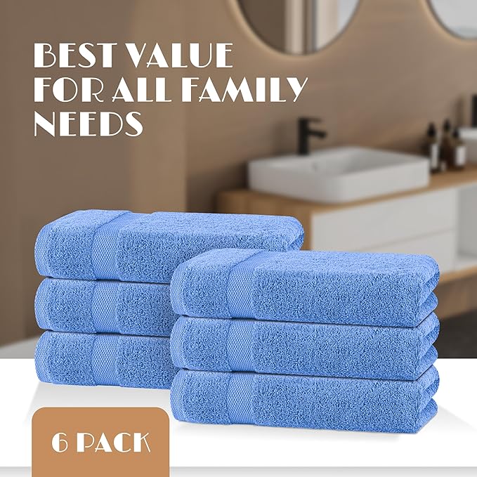 Wealuxe Light Blue Bath Towels 24x50 Inch, Cotton Towel Set for Bathroom, Hotel, Gym, Spa, Soft Extra Absorbent Quick Dry 6 Pack