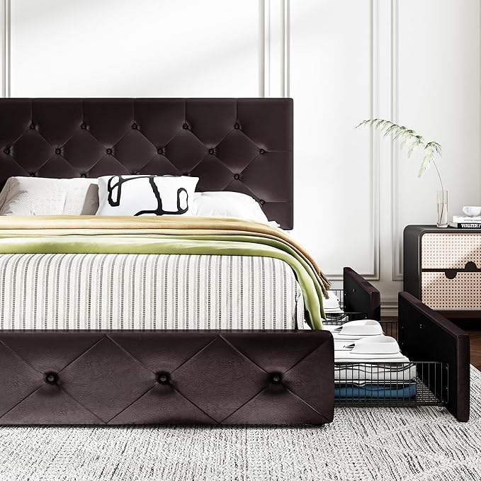 MUTICOR King Size Bed Frame with 4 Storage Drawers, Upholstered Platform Bed with Button Tufted Adjustable Headboard, No Box Spring Needed, Easy Assembly, Diamond Tufted, Brown Leather