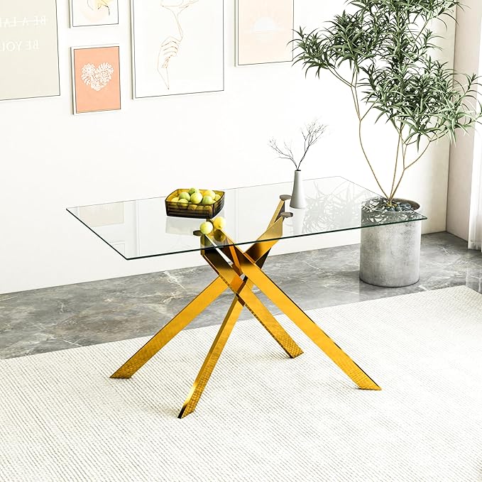 HomVent 51.18"" Rectangular Clear Tempered Glass Dining Table,Stylish Design with Golden Metal Legs, Glass Kitchen Table Glass Dining Room Table Glass Dinner Table for Dining Room, Gold10