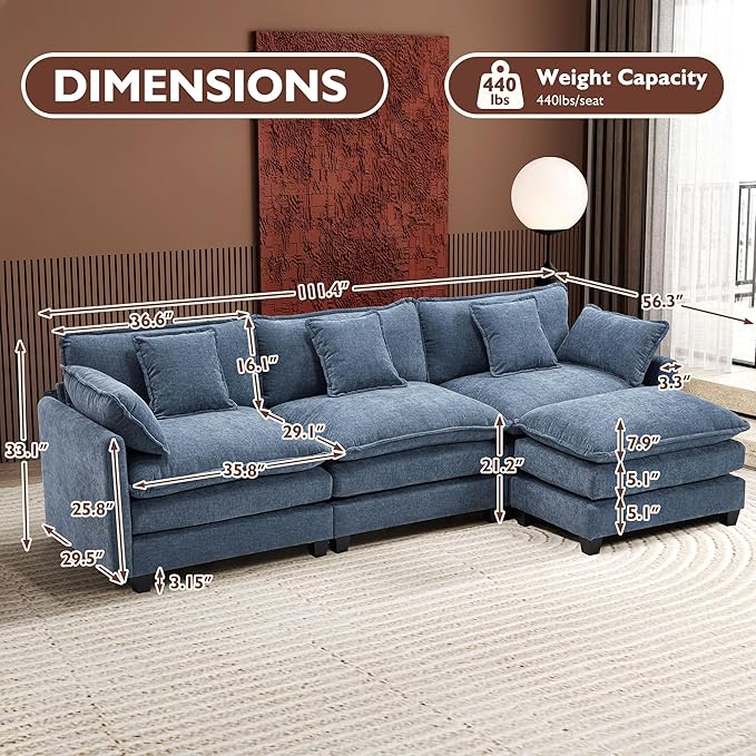 Ihanherry L Shaped Cloud Sofa 111.4" Modern Modular Sectional Couch with Ottoman, 4-Seat Chenille Deep Seat Sofa with Pillows for Living Room, Blue
