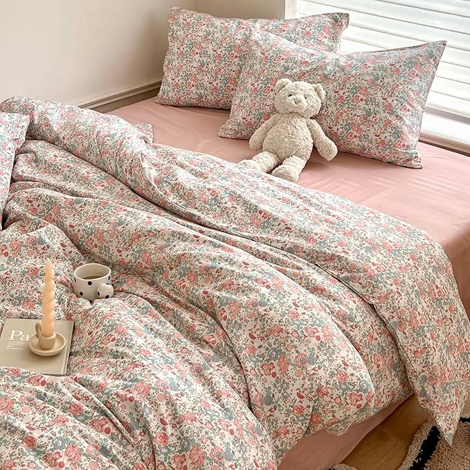 EAVD Boho Floral Comforter Set Twin XL Girls Soft Microfier Chic Shabby Pink Floral Bedding Set with 2 Pillowcases French Style Garden Botanical Comforter for All-Season