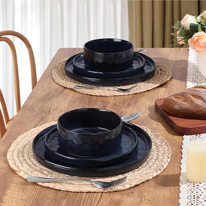 LIANYU 12 Piece Dinnerware Sets for 4, Stoneware Dish Dinner Set, Kitchen Dining Plates and Bowls, Ceramic Tableware Dishware, Microwave & Dishwasher Safe, Cetacean Blue