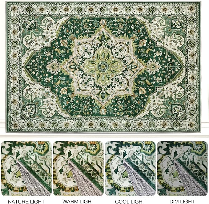 Area Rugs for Living Room 8x10 - Large Machine Washable Vintage Oriental Soft Rugs, Low Pile Thin Floor Carpet with Non Slip Backing for Bedroom, Dorm, Under Dining Room Table, Indoor House, Office