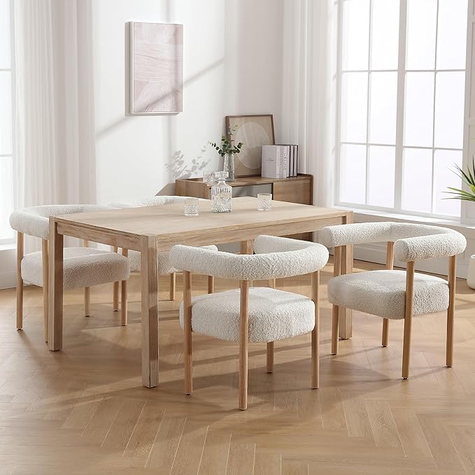 White Boucle Dining Chairs Set of 6, Modern Upholstered Dining Chairs, Curved Backrest Kitchen Dining Room Chairs Accent Chairs Arm Chairs with Natural Wood Legs