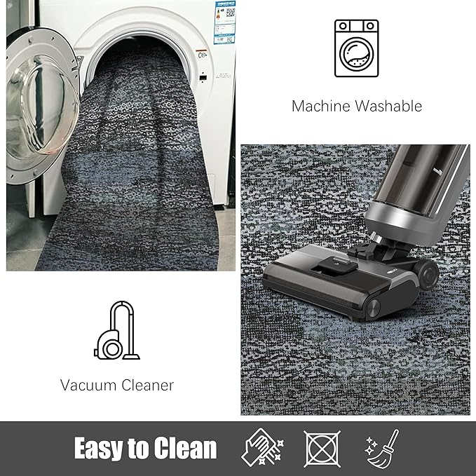 RUGSURE Washable Area Rug - 1/6 Thick - Stain & Water Resistant Non-Slip - Resistant Rug for Living Room, Bedroom, Nursery, Pet & Child Friendly, Vintage Charm Area Rugs (Darkgrey+Bule, 2'6'' x 8')