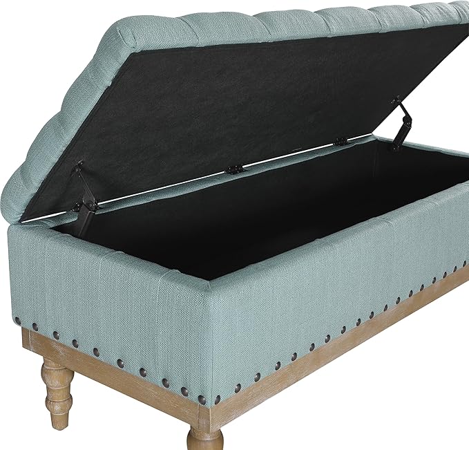 OSP Home Furnishings Landis Button Tufted Padded Top Storage Bench with Brushed Legs, Sea Blue Fabric