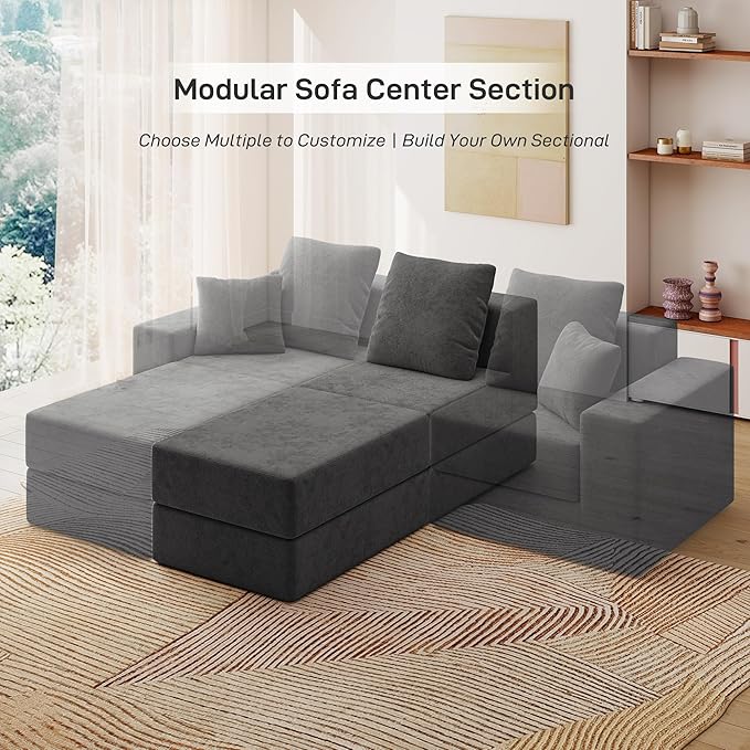 Living&Giving Cloud Sectional Couch for Living Room, Modular Boneless Couch with 1 Ottoman, Middle-seat Can Be Combined with Modular Sofa, Customizable Layout for Any Space, Dark Grey