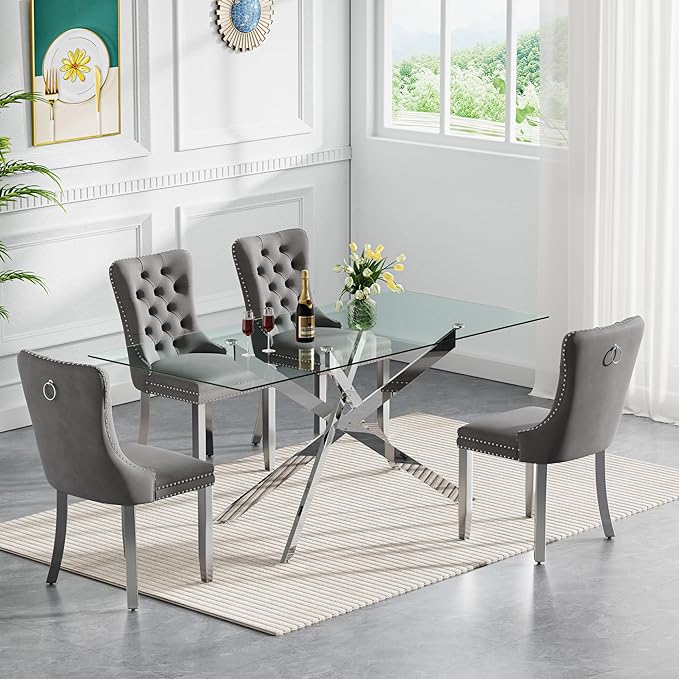 Goujxcy 7 Piece Glass Dining Table Set Modern Glass Dining Table Set for 6, 61" Rectangular Silver Kitchen Table and 6 Velvet Upholstered Chairs, Silver Table & Gray Chair
