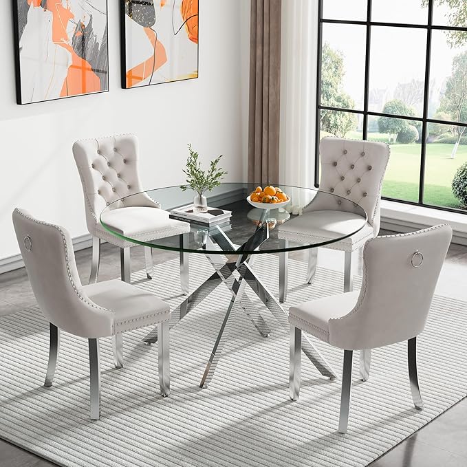 Goujxcy Round Dining Table Set for 4, Modern Glass Kitchen Table and Chairs Set of 4, 5-Piece Dining Room Table Set w/47 Circle Silver Glass Dining Table and 4 Upholstered Velvet Chairs