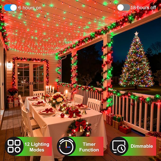 350LED 90FT Christmas Lights Indoor Outdoor, 12 Modes Red and Green Outdoor String Lights with Timer & Dimmable, Waterproof Green Wire Christmas String Lights for Tree Xmas Patio Fence Balcony Garden